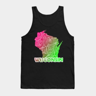 Colorful mandala art map of Wisconsin with text in pink and green Tank Top